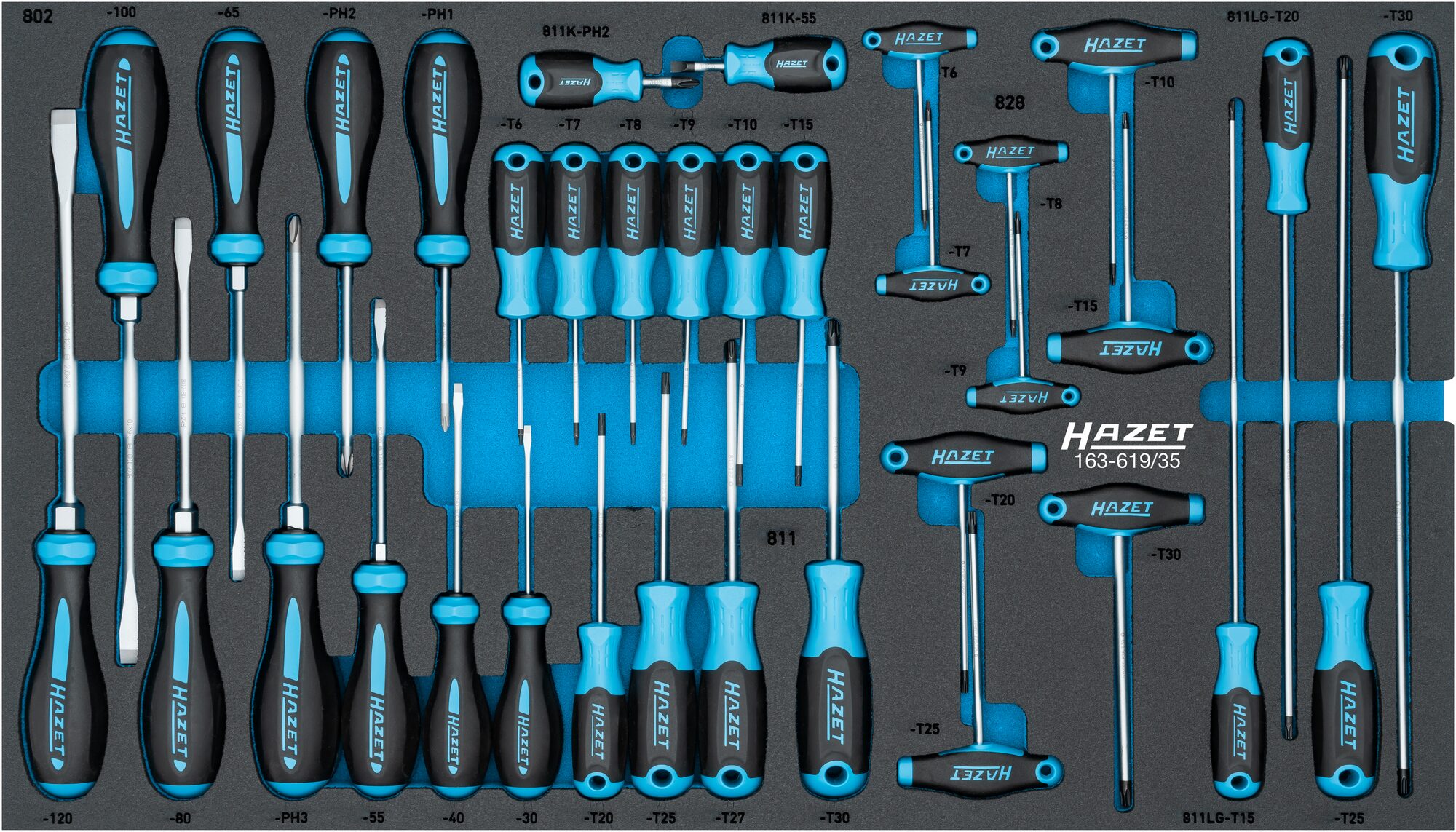 HAZET Schraubendreher Satz 163-619/35 · Innen TORX® Profil, Kreuzschlitz Profil PH, Schlitz Profil · 35-teilig · PH1 – PH3 · T6 – T30 · 0,6 x 3,5 – 2 x 12