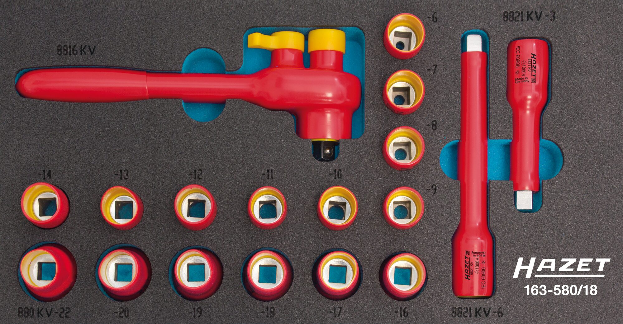 HAZET Steckschlüssel Satz · schutzisoliert 163-580/18 · Vierkant hohl 10 mm (3/8 Zoll) · Außen Doppel-Sechskant-Tractionsprofil · 8?–?22 · Anzahl Werkzeuge: 18