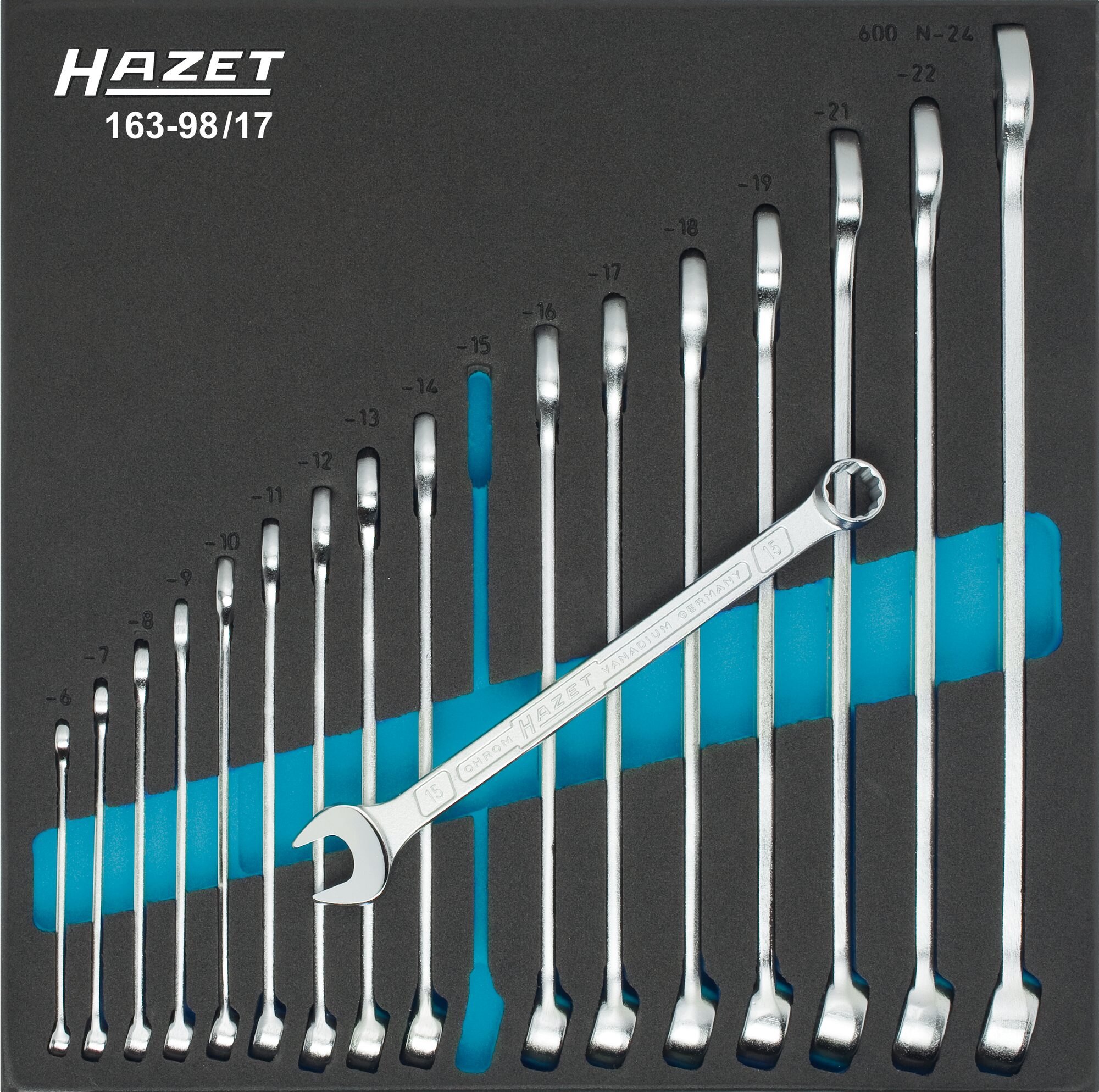 HAZET Ring-Maulschlüssel Satz 163-98/17 · Außen Doppel-Sechskant-Tractionsprofil · 6 · 7 · 8 · 9 · 10 · 11 · 12 · 13 · 14 · 15 · 16 · 17 · 18 · 19 · 21 · 22 · 24 · Anzahl Werkzeuge: 17