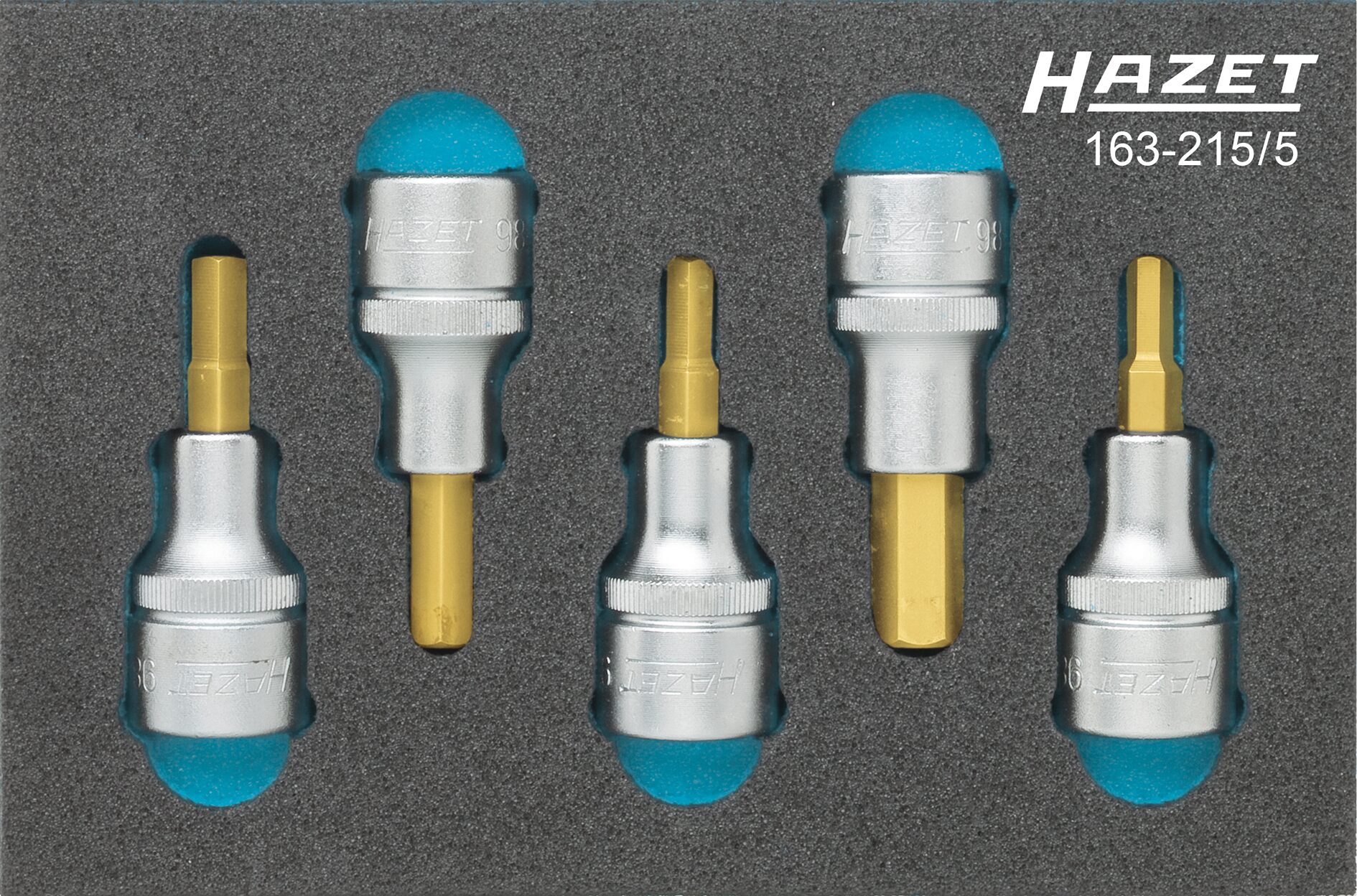 HAZET Schraubendreher-Steckschlüsseleinsatz Satz 163-215/5 · Vierkant hohl 12,5 mm (1/2 Zoll) · Innen Sechskant Profil · 5 · 6 · 7 · 8 · 10 · Anzahl Werkzeuge: 5