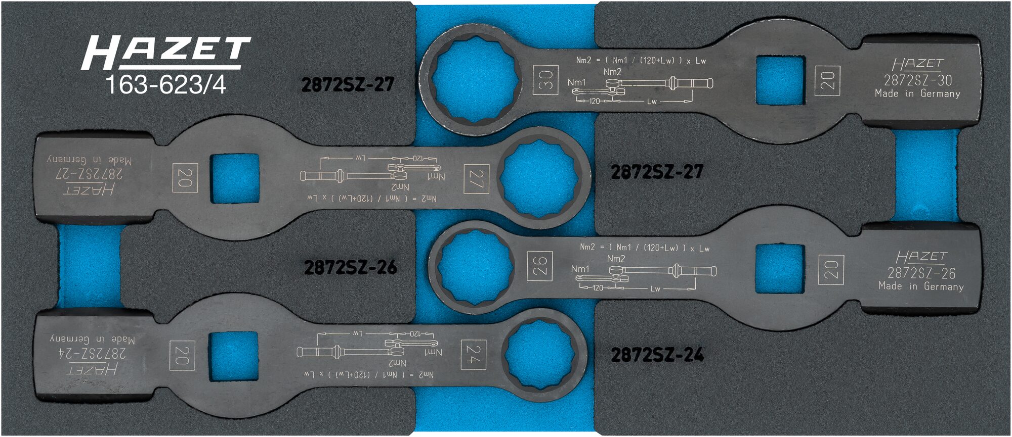 HAZET Schlag-Ringschlüssel Satz 163-623/4 · 3/4 Zoll (20 mm) Vierkant hohl · Außen Doppelsechskant Profil · 4-teilig · 24 – 30